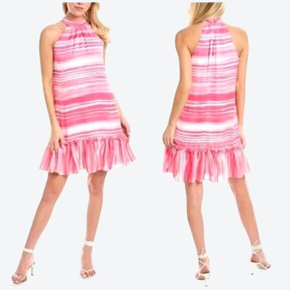 Trina Turk Womens Pink & White Striped Halter Shift Dress With Ruffle Hem Large